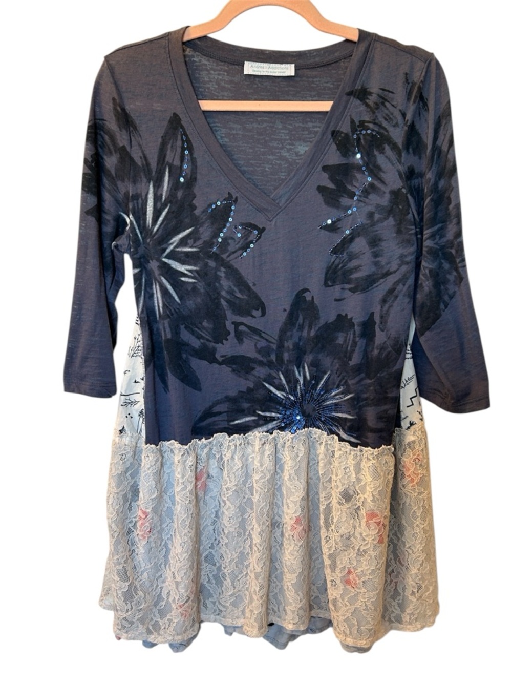 Floral Lace Hem V-Neck Tunic Top - Navy Blue and cream upcycle d handmade